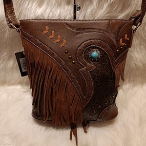 BROWN WESTERN FRINGE DESIGN CONCEAL AND CARRY CROSSBODY SLING